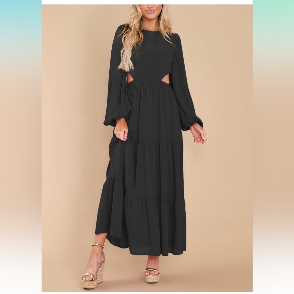 Women's Casual Long Sleeve Crew Neck Dress Cut Out  Maxi Dresses Tiered Dress
